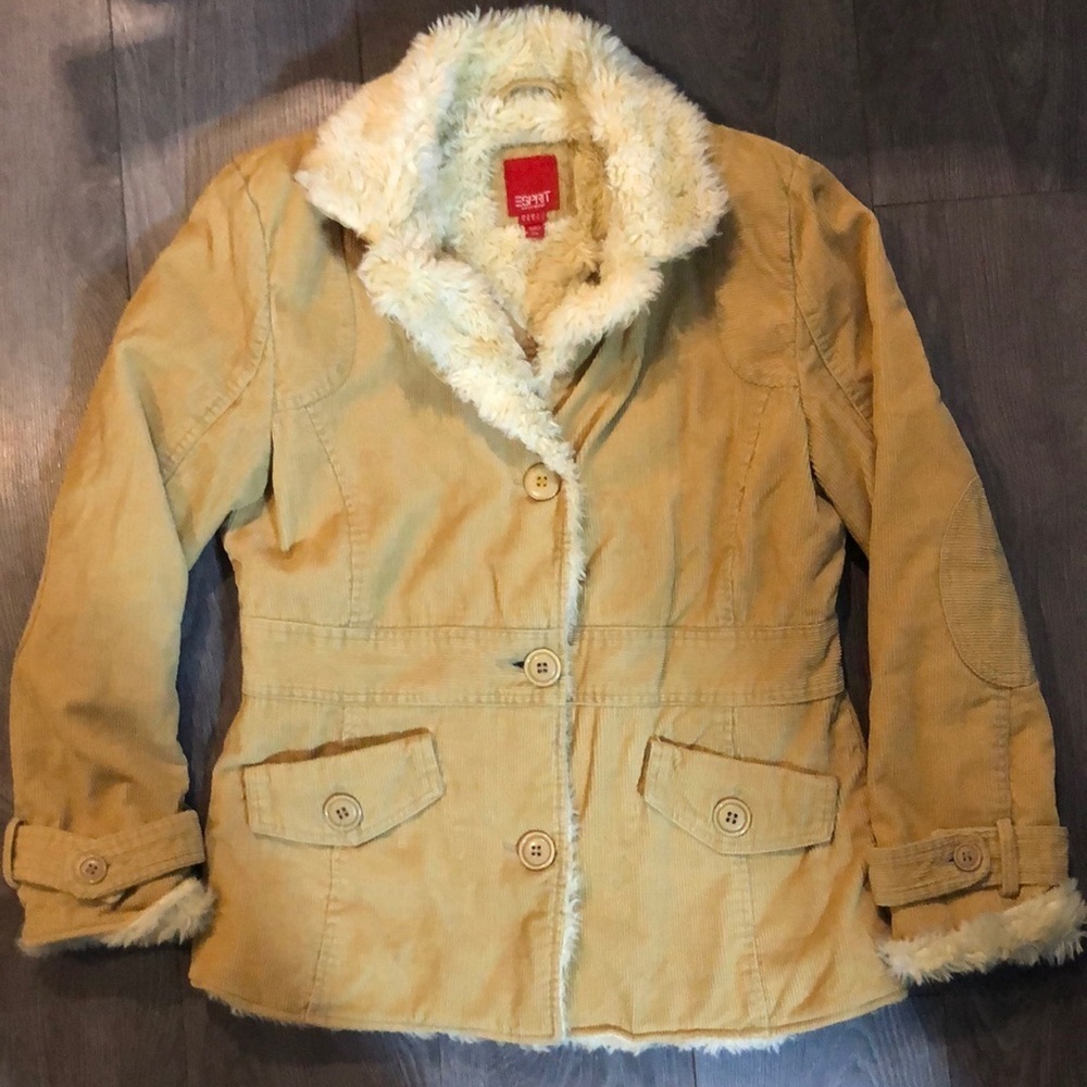 Esprit Women's Camel/Tan Corduroy Jacket with Faux Fur Trim